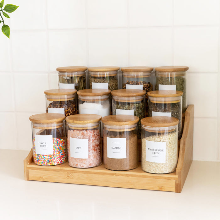 Large Bamboo Spice Rack with 12 x 200ml Herb & Spice Jars Pack