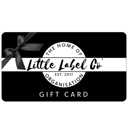 Gift card with 'Little Label Co' branding featuring a black bow on a white background.