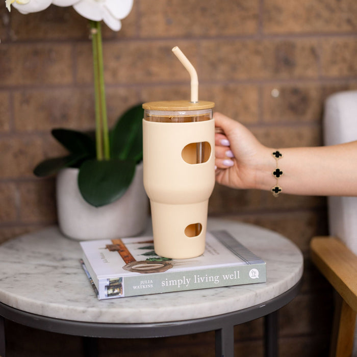 Bamboo Glass Silicone Drinking Tumbler with Straw