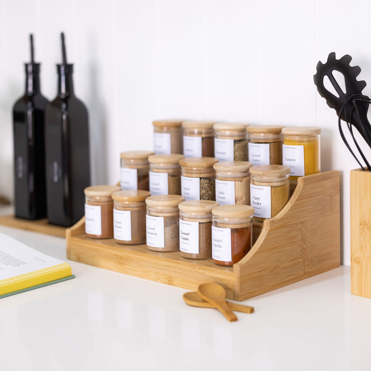 Large Bamboo Spice Rack with 15 x 75ml Herb & Spice Jars Pack - Little ...