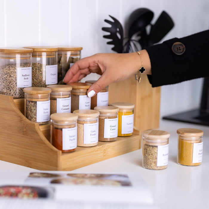 Mini Bamboo Shelf with 8 x 75ml & 3 x 200ml Herb & Spice Jars Pack