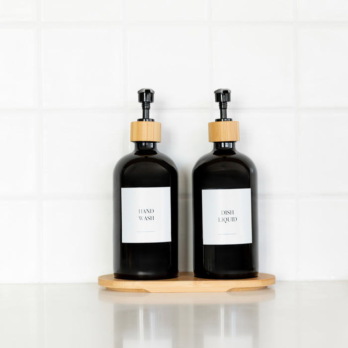 Black Glass Pump Bottles with Bamboo Tray - Little Label Co The Home of Organisation For Kitchen, Bathroom, Laundry & More