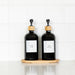 Black Glass Pump Bottles with Bamboo Tray - Little Label Co The Home of Organisation For Kitchen, Bathroom, Laundry & More