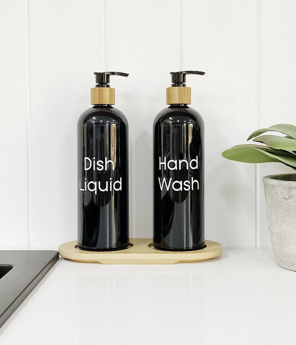 500ml Plastic Pump Bottles with Bamboo Tray (Black) - Little Label Co - Bathroom Accessories - 20%, Bathroom & Cleaning, Bathroom Organisation, Catchoftheday, Kitchen Organisation, Laundry Organisation, Refillable Bottles, Value Packs