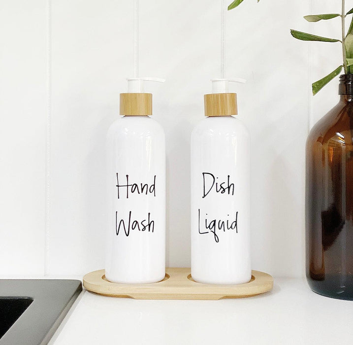500ml Plastic Pump Bottles with Bamboo Tray (White) - Little Label Co - Bathroom Accessories - 20%, Bathroom & Cleaning, Bathroom Organisation, Catchoftheday, Kitchen Organisation, Laundry Organisation, Refillable Bottles, Value Packs