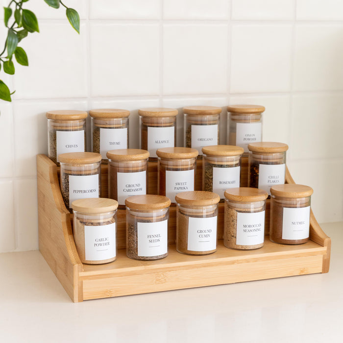 Large Bamboo Spice Rack with 15 x 75ml Herb & Spice Jars Pack