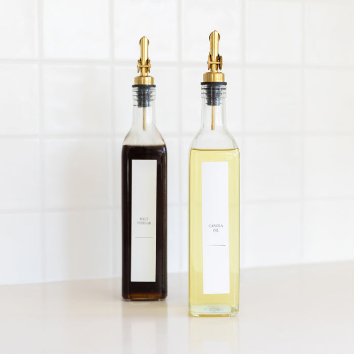 Clear Oil & Vinegar Bottle with Gold Pourer - 500ml - Little Label Co The Home of Organisation For Kitchen, Bathroom, Laundry & More