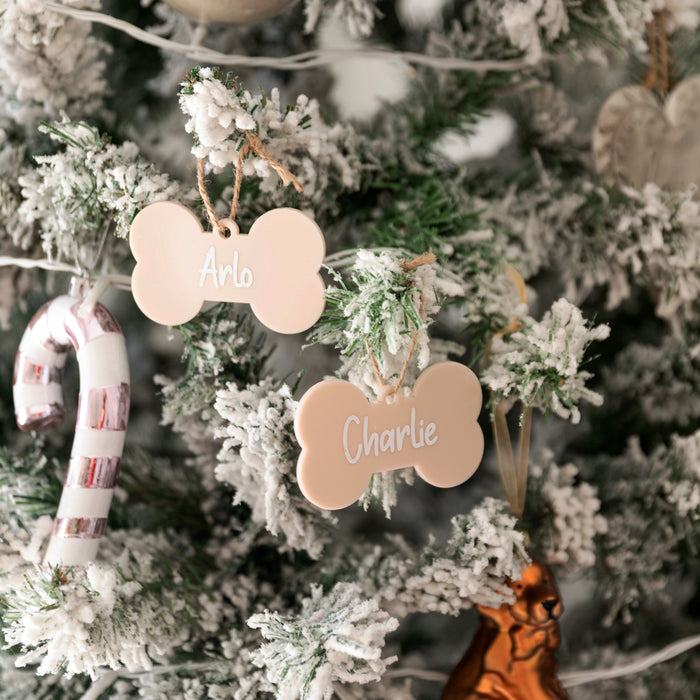 Personalised Christmas Dog Bone Acrylic Baubles Beige (with label)