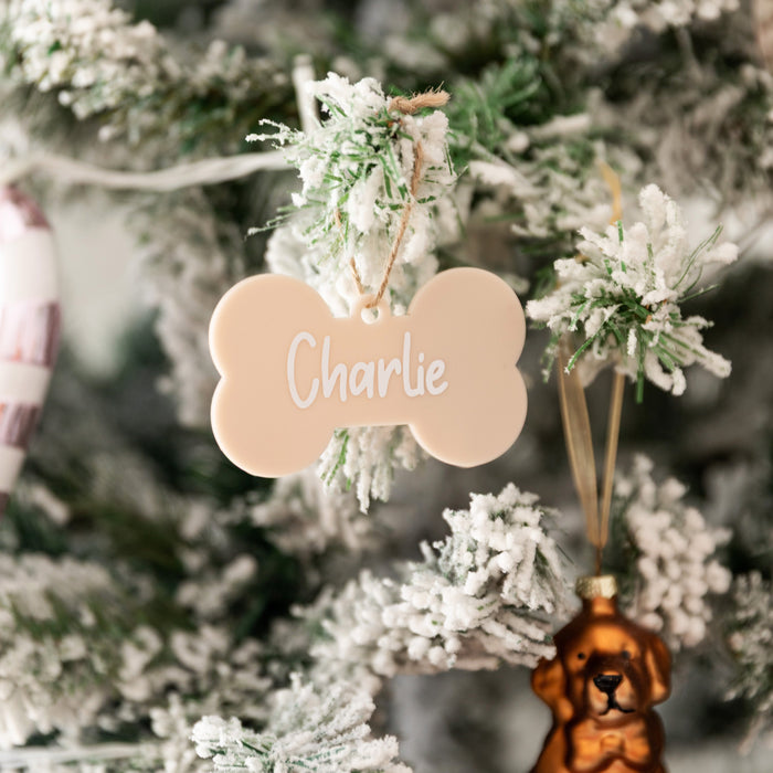 Personalised Christmas Dog Bone Acrylic Baubles Beige (with label)