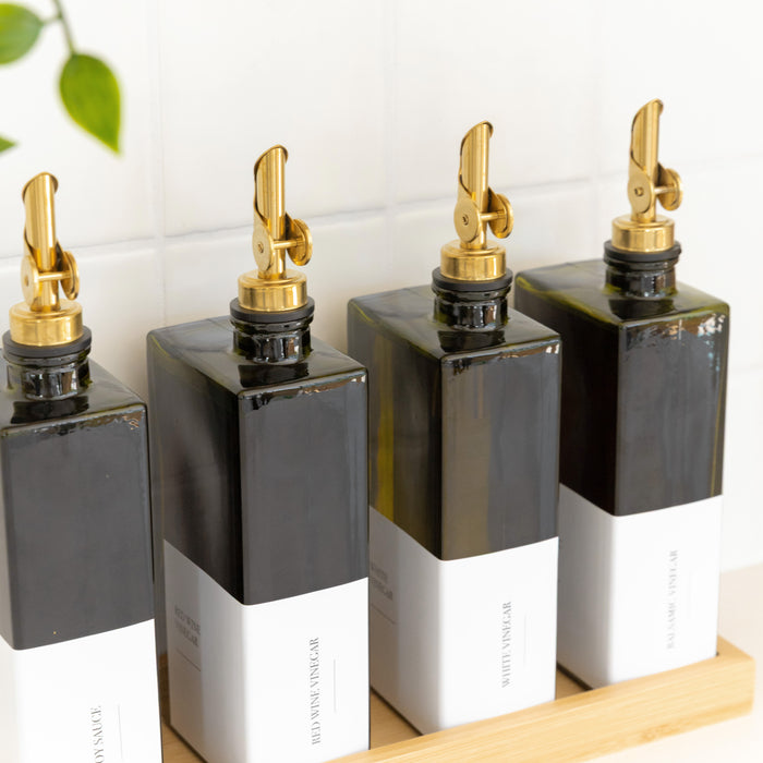 Green Oil & Vinegar Book Bottles with Bamboo Tray - 4 Pack