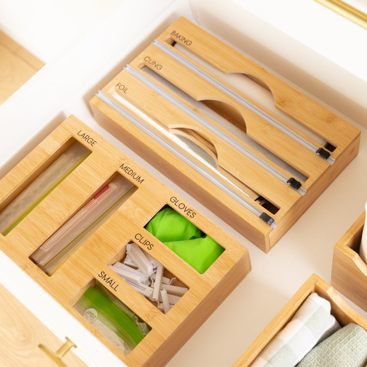 Bamboo Food Wrap Dispenser 3 Inserts & Sandwich Bag Organiser Pack