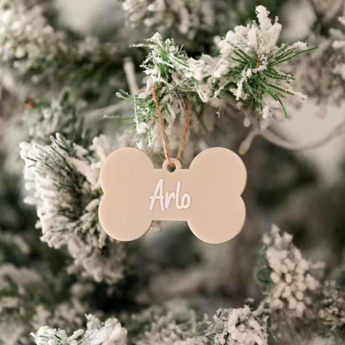 Personalised Christmas Dog Bone Acrylic Baubles Beige (with label)