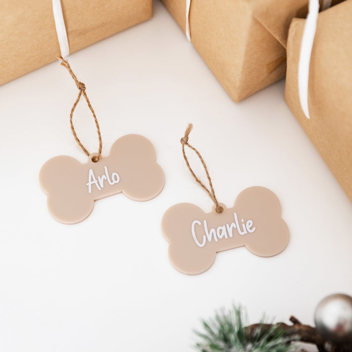 Personalised Christmas Dog Bone Acrylic Baubles Beige (with label)