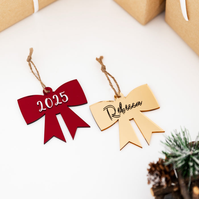 Personalised Christmas Bow Acrylic Baubles (with label)