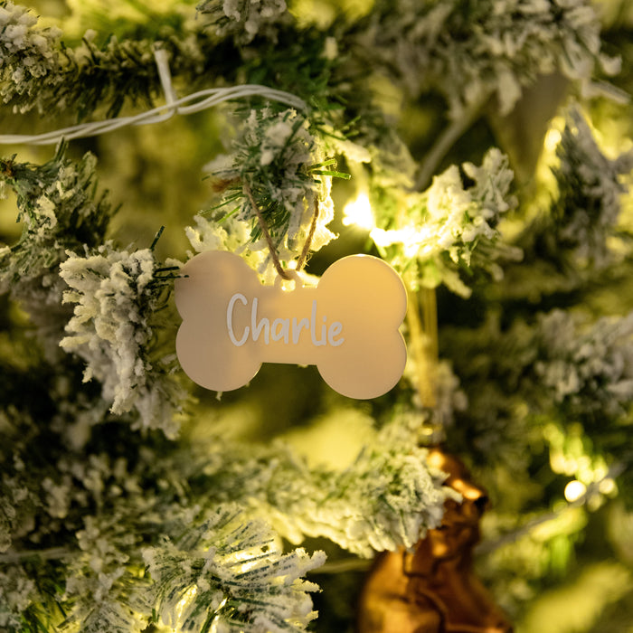 Personalised Christmas Dog Bone Acrylic Baubles Beige (with label)