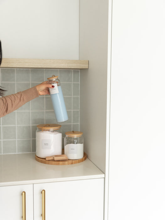 Bamboo and Glass 5 Piece Laundry Pack with Liquid Jar - Little Label Co The Home of Organisation For Kitchen, Bathroom, Laundry & More