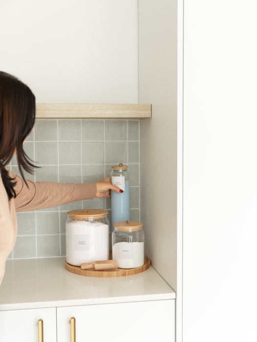 Bamboo and Glass 5 Piece Laundry Pack with Liquid Jar - Little Label Co The Home of Organisation For Kitchen, Bathroom, Laundry & More