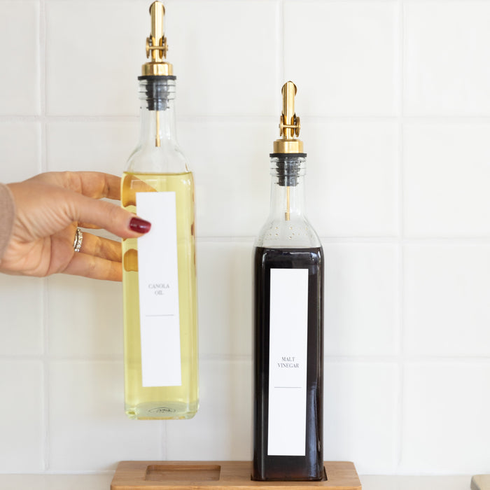 Oil & Vinegar Bottles with Gold Pourer Pack - Little Label Co The Home of Organisation For Kitchen, Bathroom, Laundry & More