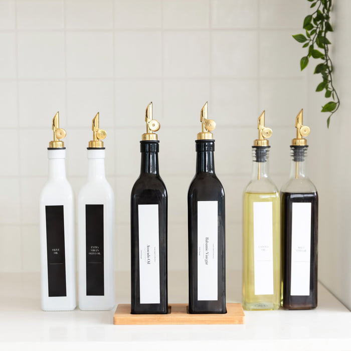 Oil & Vinegar Bottles with Gold Pourer Pack - Little Label Co The Home of Organisation For Kitchen, Bathroom, Laundry & More