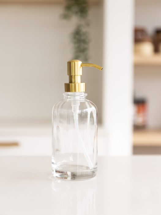 500ml Clear Glass Pump Bottle with Gold Pump - Little Label Co The Home of Organisation For Kitchen, Bathroom, Laundry & More