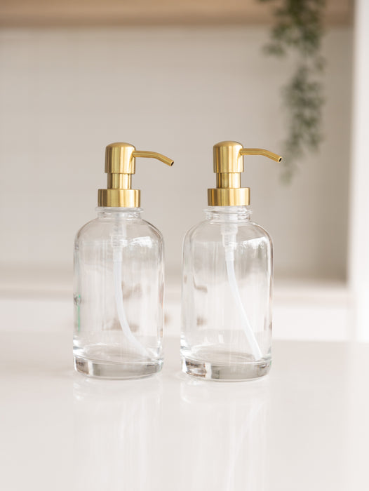 500ml Clear Glass Pump Bottle with Gold Pump - Little Label Co The Home of Organisation For Kitchen, Bathroom, Laundry & More