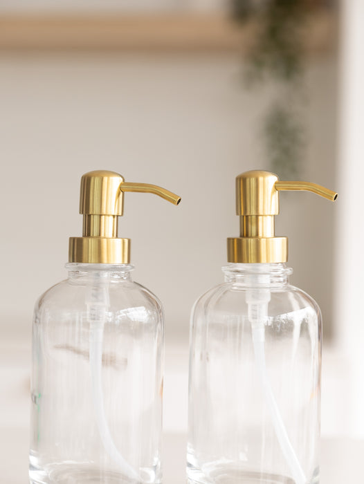 500ml Clear Glass Pump Bottle with Gold Pump - Little Label Co The Home of Organisation For Kitchen, Bathroom, Laundry & More