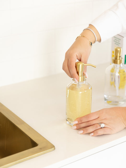 500ml Clear Glass Pump Bottle with Gold Pump - Little Label Co The Home of Organisation For Kitchen, Bathroom, Laundry & More