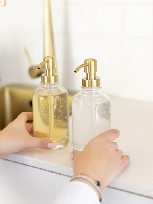 500ml Clear Glass Pump Bottle with Gold Pump - Little Label Co The Home of Organisation For Kitchen, Bathroom, Laundry & More