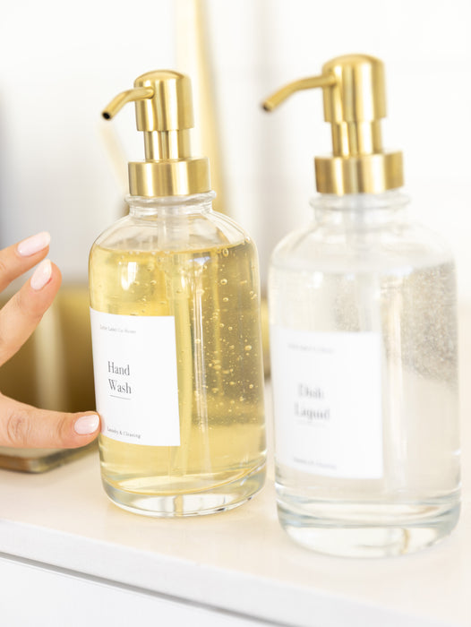 500ml Clear Glass Pump Bottle with Gold Pump - Little Label Co The Home of Organisation For Kitchen, Bathroom, Laundry & More