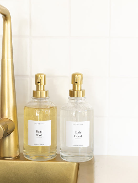 500ml Clear Glass Pump Bottle with Gold Pump - Little Label Co The Home of Organisation For Kitchen, Bathroom, Laundry & More