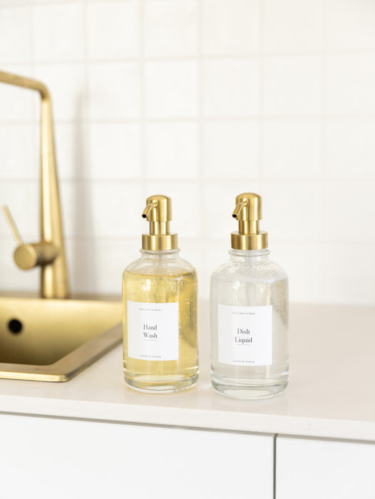 500ml Clear Glass Pump Bottle with Gold Pump - Little Label Co The Home of Organisation For Kitchen, Bathroom, Laundry & More