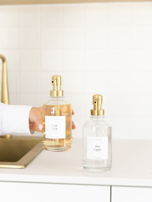 500ml Clear Glass Pump Bottle with Gold Pump - Little Label Co The Home of Organisation For Kitchen, Bathroom, Laundry & More