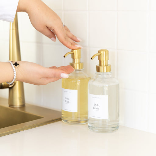 500ml Clear Glass Pump Bottle with Gold Pump - Little Label Co The Home of Organisation For Kitchen, Bathroom, Laundry & More