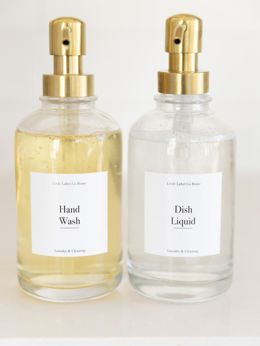500ml Clear Glass Pump Bottle with Gold Pump - Little Label Co The Home of Organisation For Kitchen, Bathroom, Laundry & More