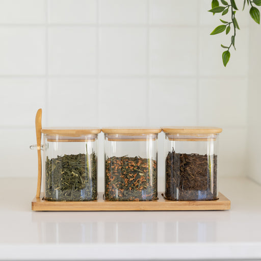 Tea Essentials Set;  Bamboo Glass Trio + Premium Australian Green Teas - Little Label Co Australia - The Home of Organisation For Kitchen, Bathroom, Laundry & More