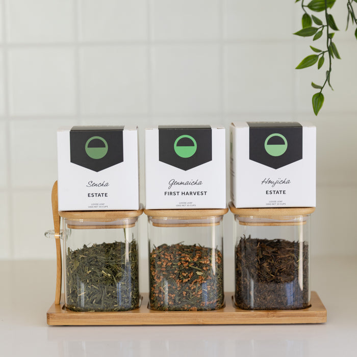 Tea Essentials Set;  Bamboo Glass Trio + Premium Australian Green Teas - Little Label Co Australia - The Home of Organisation For Kitchen, Bathroom, Laundry & More