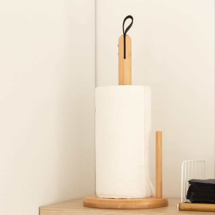 Bamboo Leather Paper Towel Holder - Little Label Co The Home of Organisation For Kitchen, Bathroom, Laundry & More