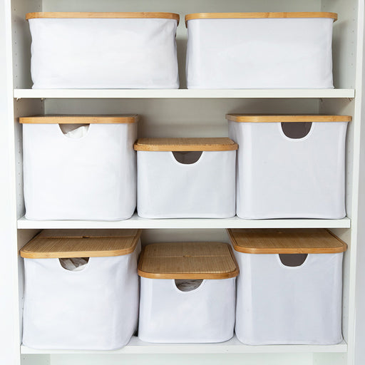 White Fabric Bamboo Linen Storage Basket Set - 8 Pack - Little Label Co Australia - The Home of Organisation For Kitchen, Bathroom, Laundry & More