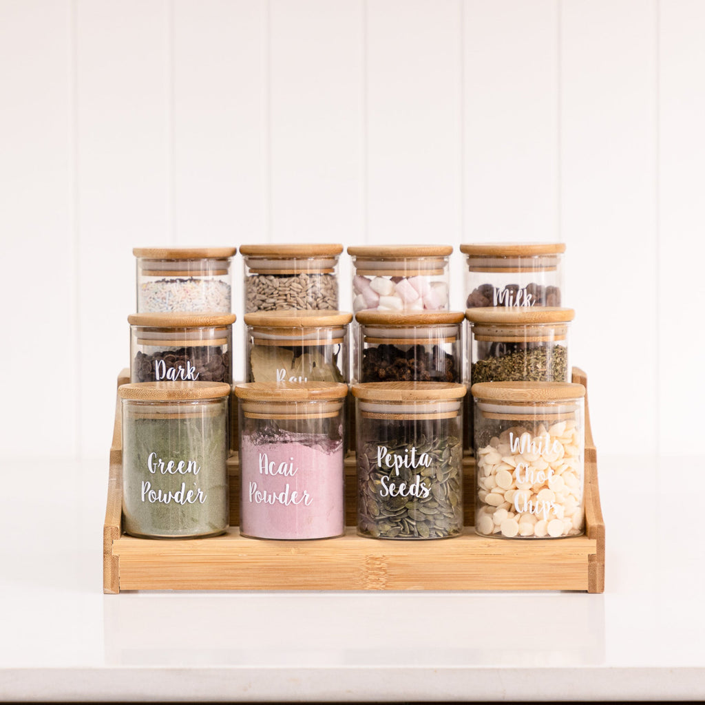 Large Bamboo Spice Rack with 12 x 200ml Herb Spice Jars Pack