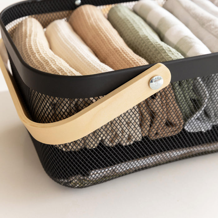Black Large Handy Storage Basket with Wooden Handle