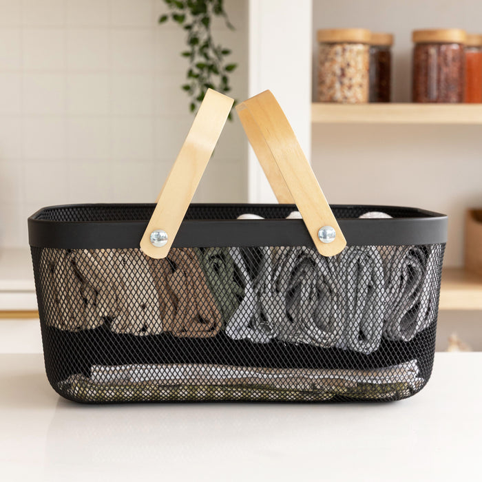 Black Large Handy Storage Basket with Wooden Handle