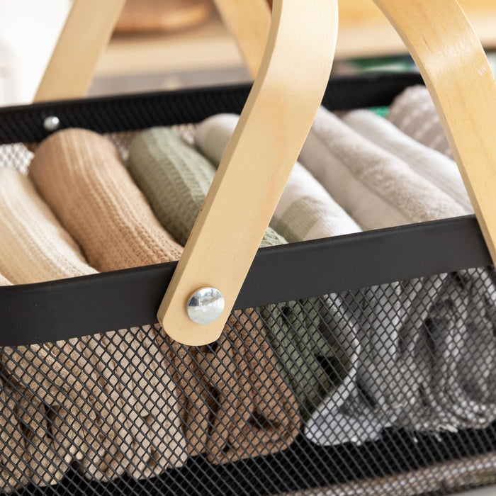 Black Large Handy Storage Basket with Wooden Handle