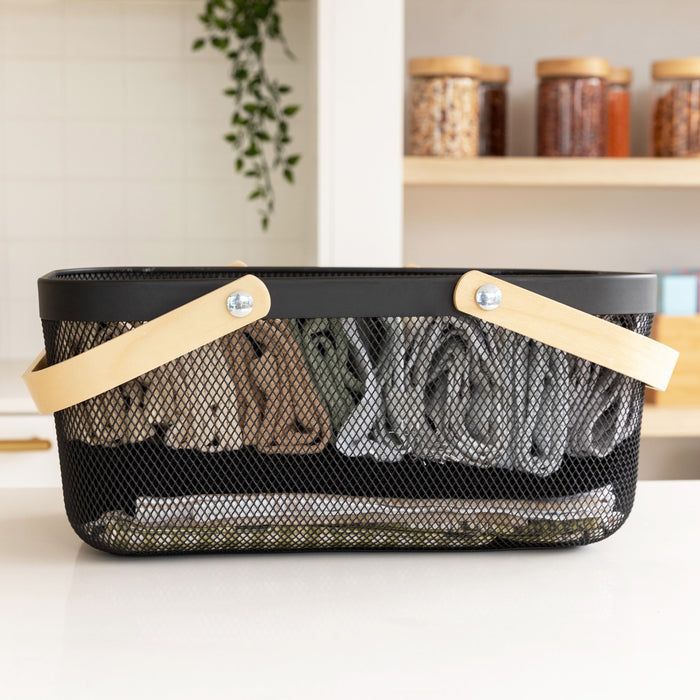 Black Large Handy Storage Basket with Wooden Handle