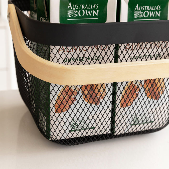 Black Small Handy Storage Basket with Wooden Handle