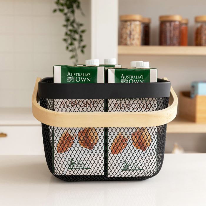 Black Small Handy Storage Basket with Wooden Handle