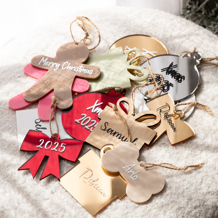 Personalised Christmas Bow Acrylic Baubles (with label)