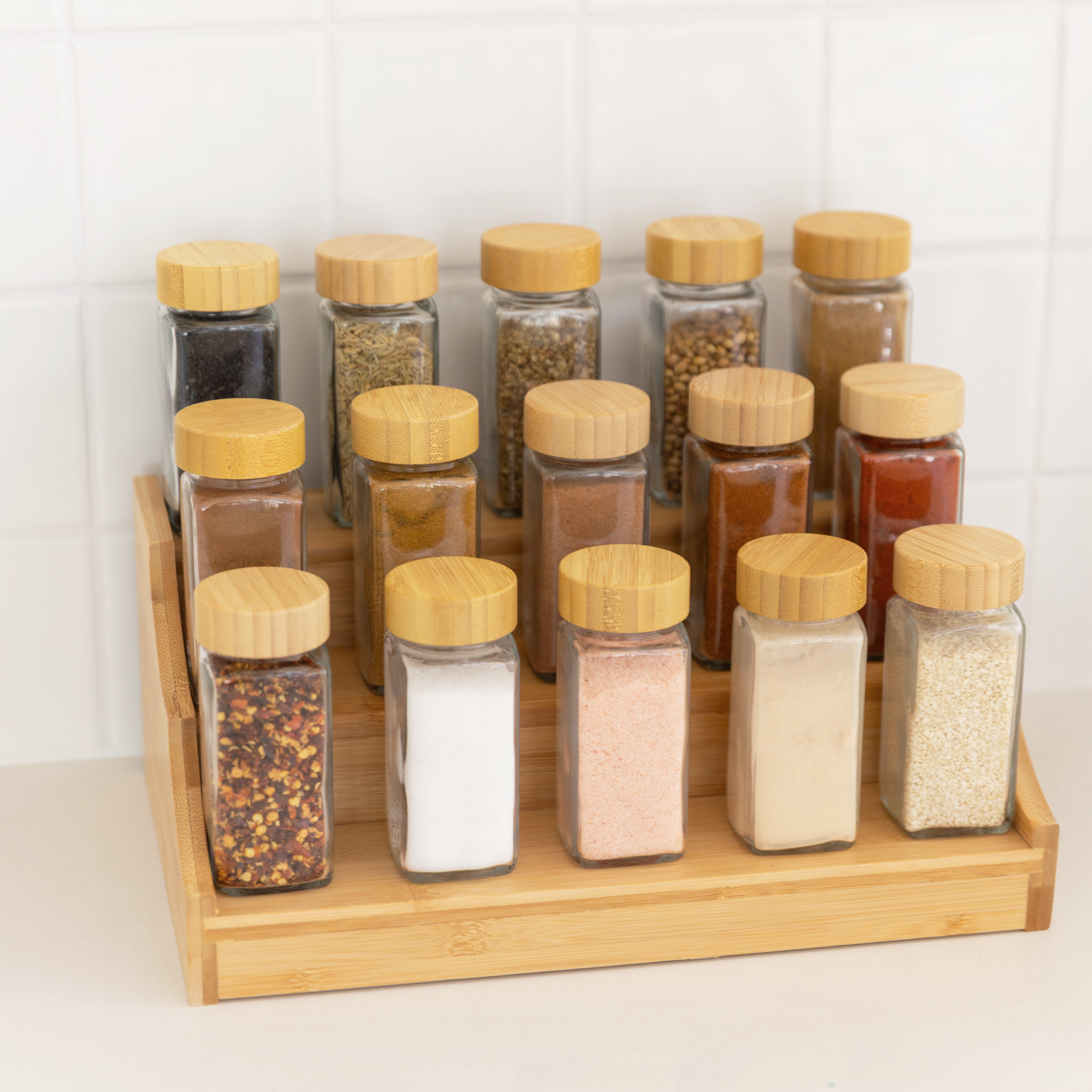 Shop Large Bamboo Spice Rack with Spice Jars - Spice Storage Containers