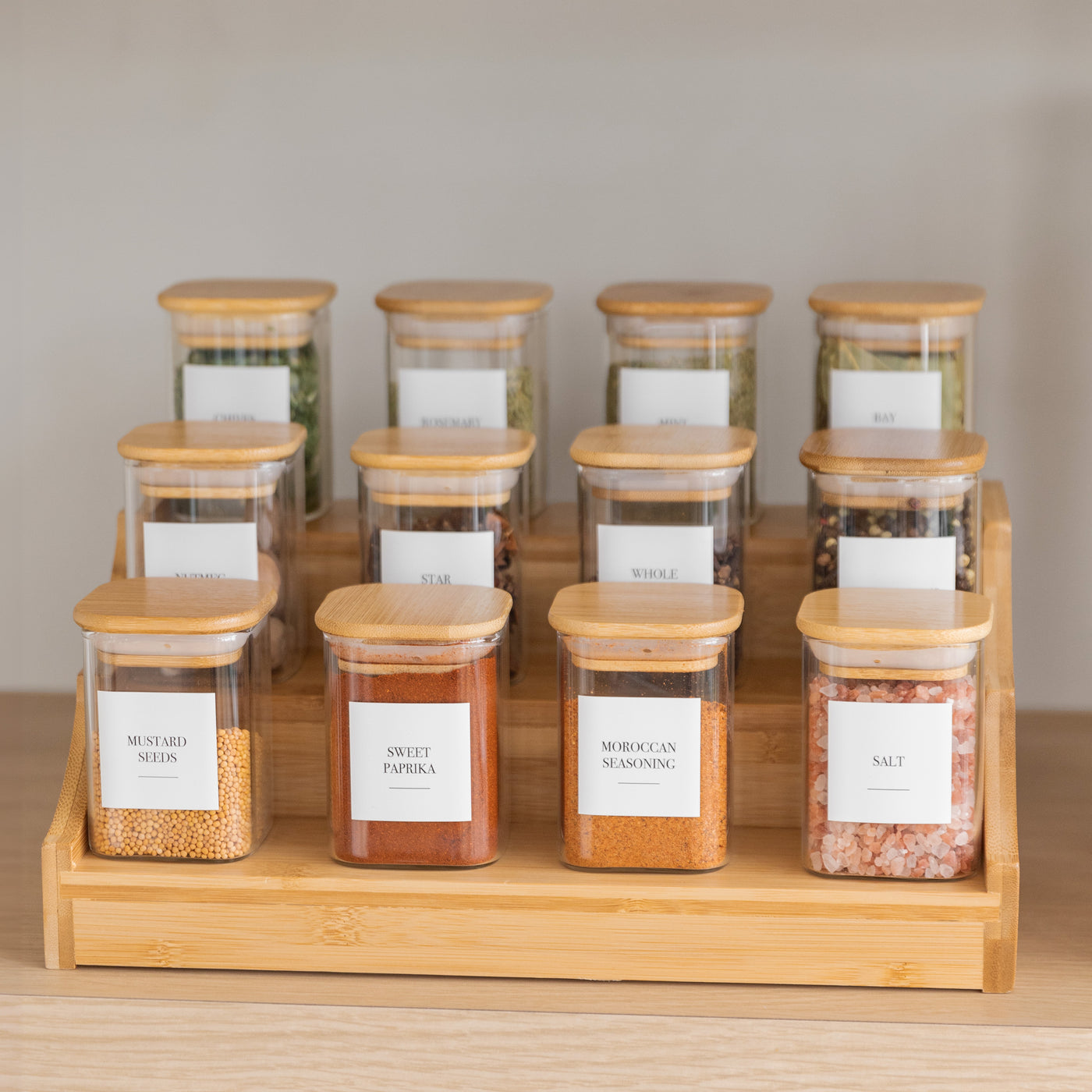 Bamboo Spice Rack with Square Herb & Spice Jars Large – Little Label Co