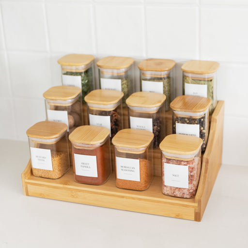 Bamboo Spice Rack with Square Herb & Spice Jars Large Pack - Little Label Co The Home of Organisation For Kitchen, Bathroom, Laundry & More