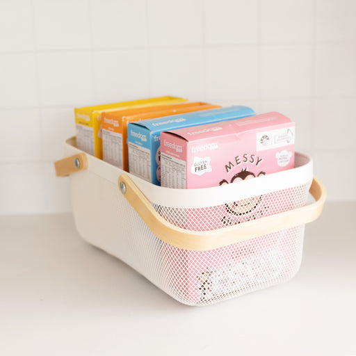 White Large Handy Storage Basket with Wooden Handle - Little Label Co The Home of Organisation For Kitchen, Bathroom, Laundry & More